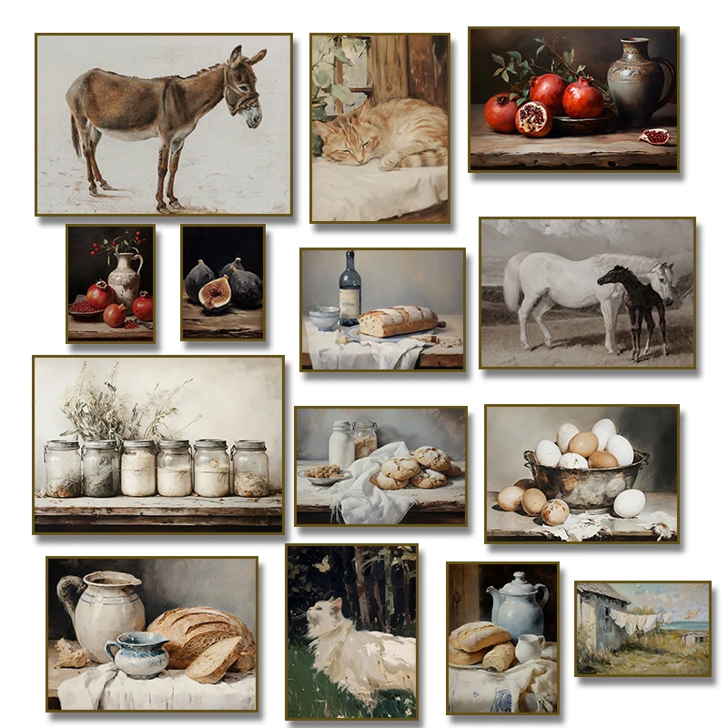 Póster de hamburguesa francesa, galletas de higo, pan, naturaleza muerta, huevos, panadería, burro, lienzo, pintura impresa, cocina, campo, decoración del hogar