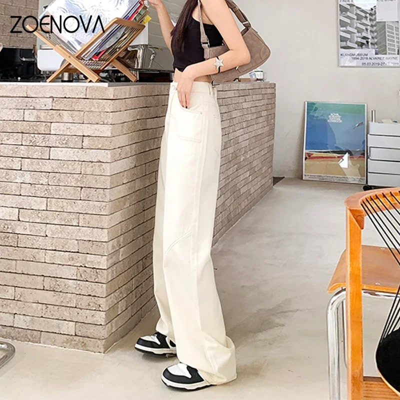 ZOENOVA-Jeans de perna larga feminina, versão coreana, retrô, cintura alta, solta, ajuste fino, vertical, esfregando, estilo casual, branco, moda