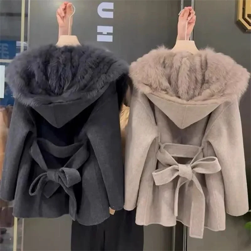 Pink Hooded Coat Women's Autumn Winter Belt Popular Woolen Coat 2024 Fur Coat Fragrant Wind High end Lightweight Short Fur Neck