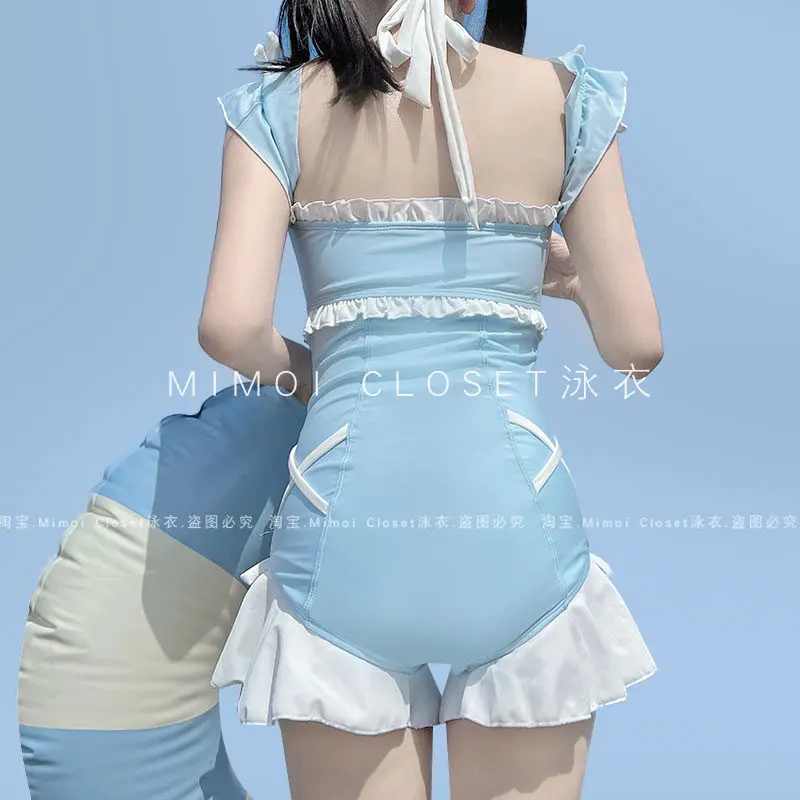 Japanese Summer One-Piece Swim Suit Bow Girl Sweet and Cute Women's Swimwear High-end Blue High-quality Swimsuits lolita Style