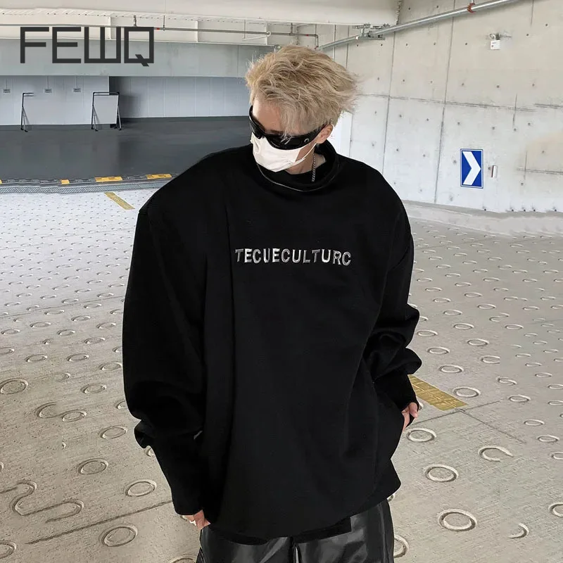 FEWQ Sweatshirt Spring New Design Zipper Shoulder Stand Pullover 2024 Round Neck Long Sleeve Darkwear Korean Fashion 24X6095