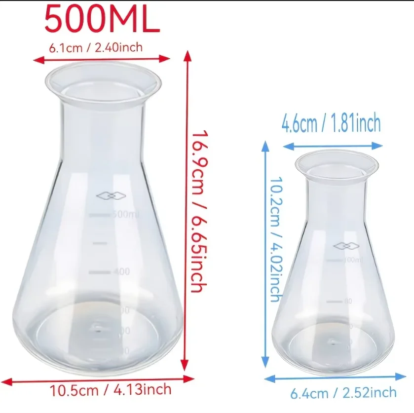 Plastic Erlenmeyer Flasks with Bottle Cleaning Brush Set, Multipurpose Graduated Conical Measuring Flask for Lab & Kitchen Use