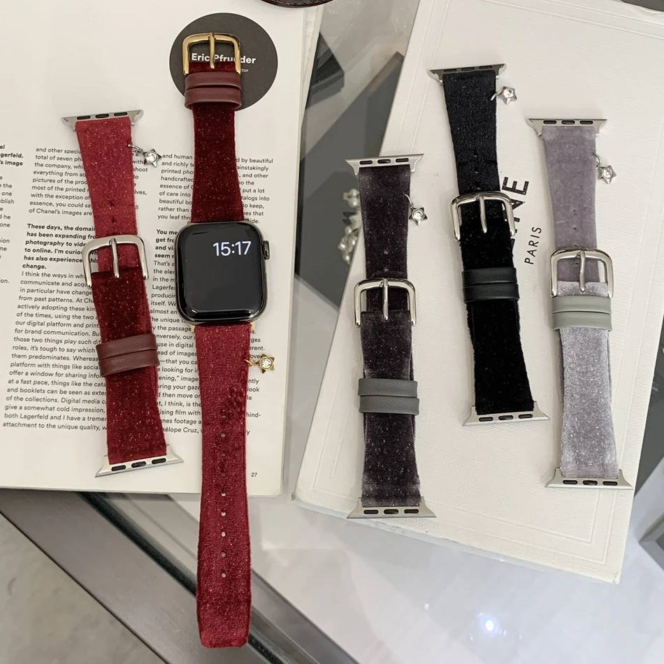

Бархатный кожаный браслет с подвеской в виде звезды для Apple Watch Band S11/10/9/8/7/6/5/Ultra iWatch Ремешок 49/46/45/44/42/41/40/38 мм