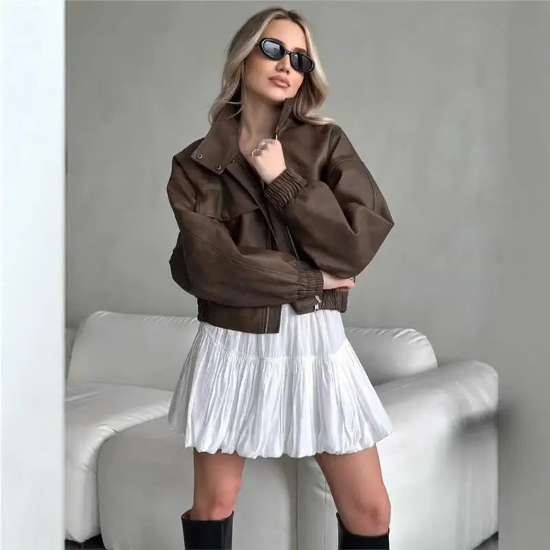 

Ретро Гонконг Sle Long Sve Collar Jaet Женская мода Large ket Весна Лето Новая модель Открытый кардиган Кожаный Ja...