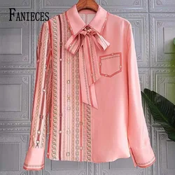 FANIECES Bow Tie Neck Blouse For Women Spring Autumn Long Sleeve Tops Pink Luxury Print Shirt Elegant Fashion Blusa Mujer Moda