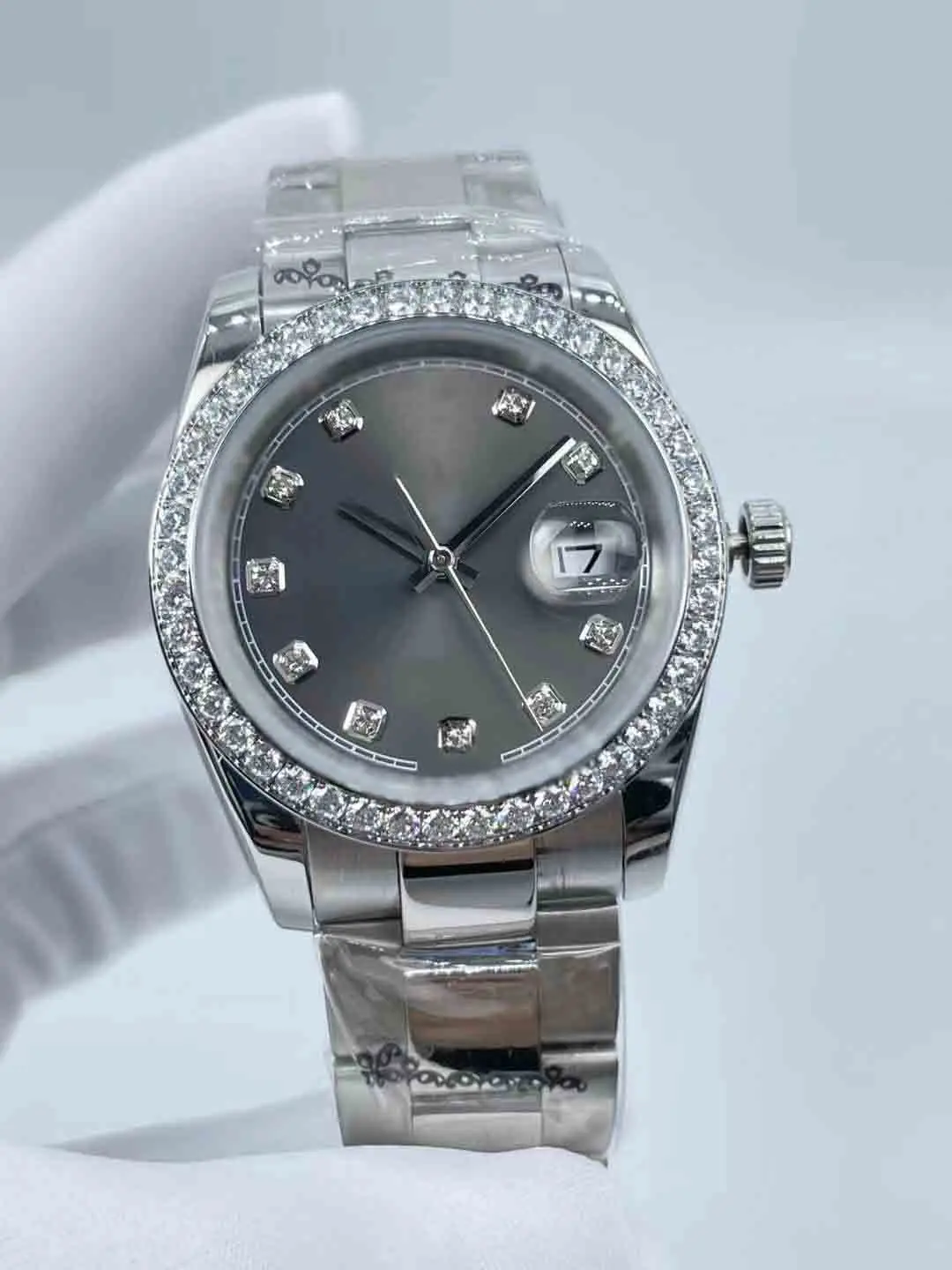 Diamond-Studded Watch, 36mm, for Women - Calendar Window, Waterproof, Folding Buckle