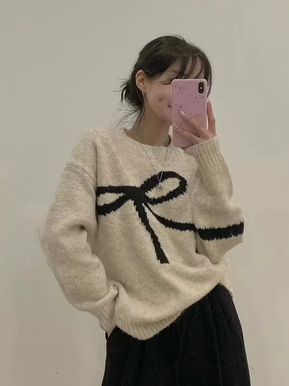 

Chic Autumnal Anti-Aging round Ne Knitted Sweater with Knot Loose Long Sve Soft And Versatile for Women