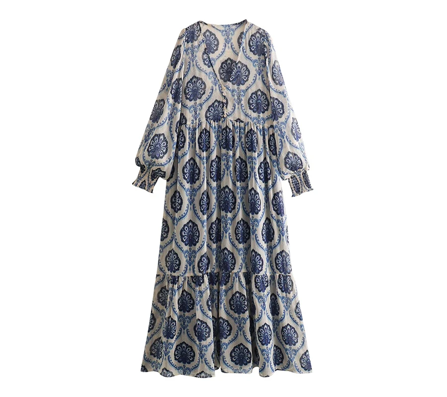 

Women Autumn Dress with Metallic Color Line Loose Full Sleeves Printed Dress Lady Casual Fashion Summer Cloth