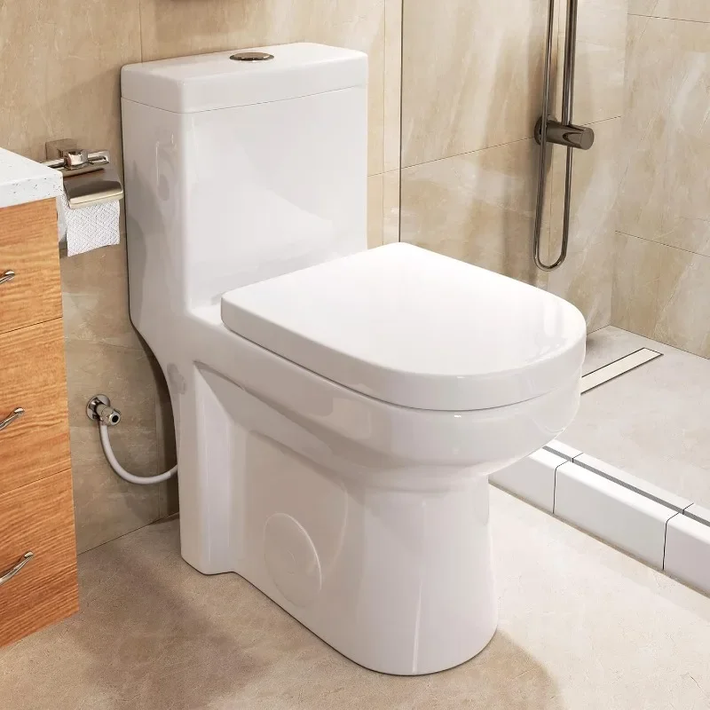 

Small Compact One Piece Toilet for Bathroom, Powerful & Quiet Dual Flush Modern Toilet,In Toilet & Soft Closing Seat Include