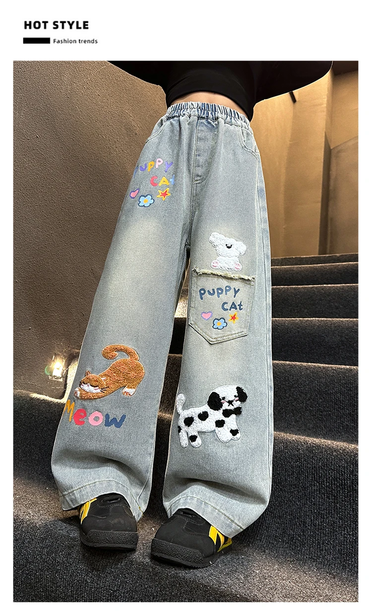 Herbstliche Jeans mit Hundestickerei für Teenager-Mädchen, Junior-Kinder-Denim-Hosen mit weitem Bein, Schul- und Streetwear-Jeans für Kinder im Alter von 5-14 Jahren – Detail 10