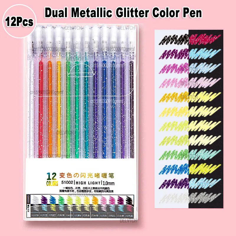 Imagem -02 - Dual Metallic Glitter Color Changing Highlighter Gel Pen Tip Art Desenho Escrita Scrapbook Conta Mão Papelaria 10 mm Pcs 12 Pcs