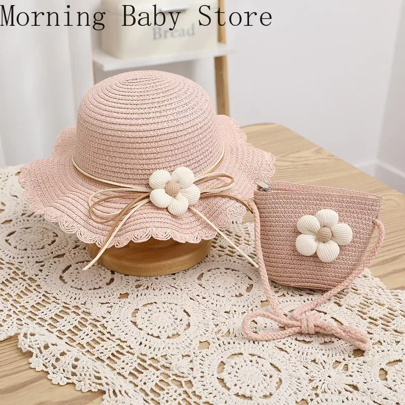 Fashion Flower Kids Girls Summer Caps Children Sunscreen Sun Hat Straw Hat Bag for Beach Baby Accessories for 2-8 Years Kids