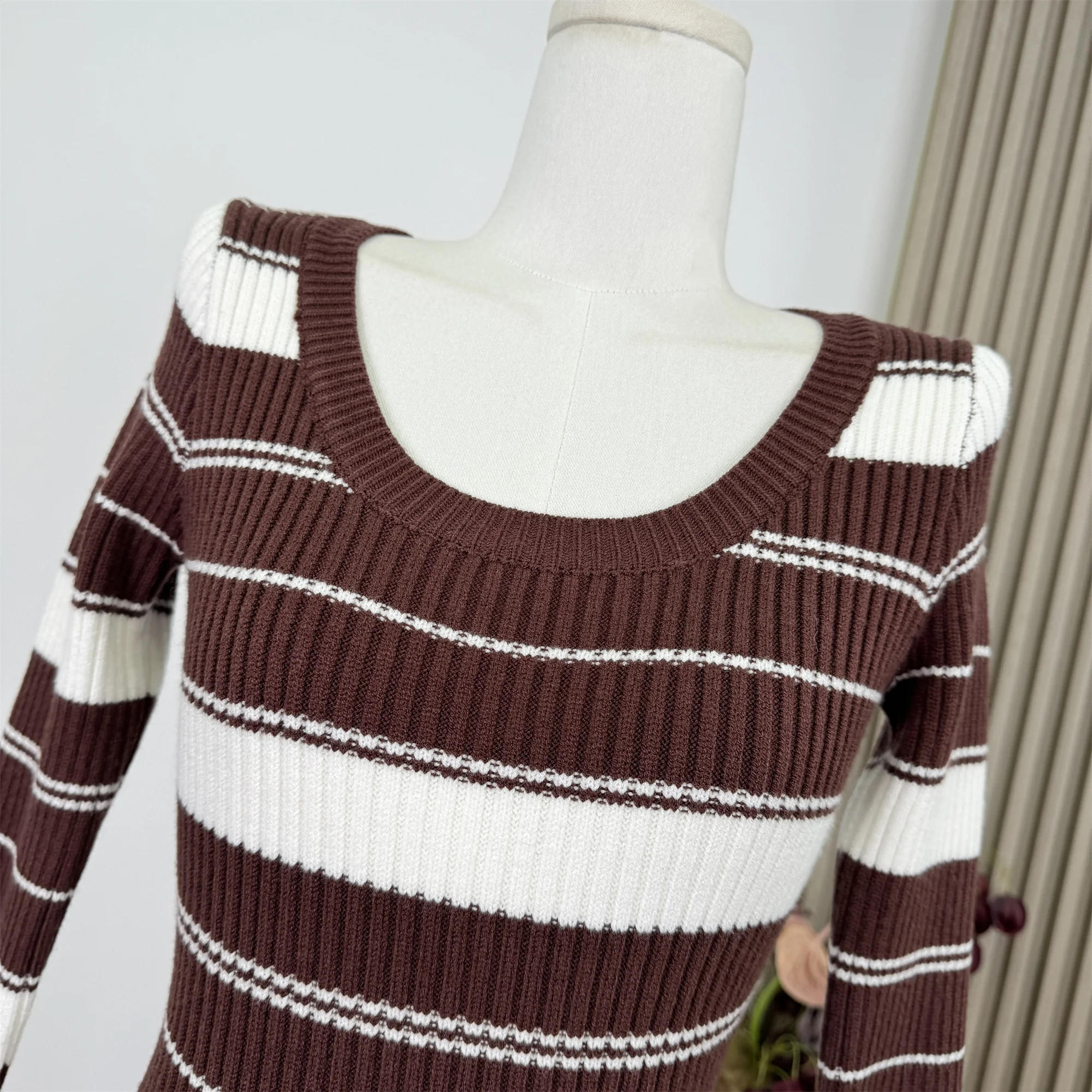 الخريف الربيع المرأة كسول نمط محبوك فستان طويل الأكمام عالية الخصر Bodycon فستان الشارع نمط مخطط تريكو F490