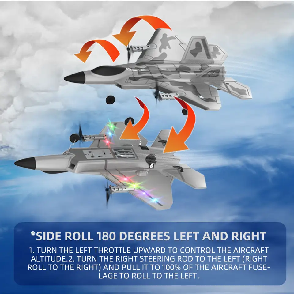 F22 Fighter Jet RC Foam Glider with LED Lights, 4-Channel 2.4G Control