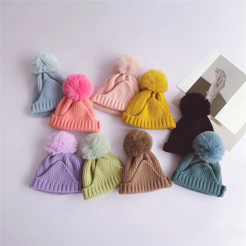 Fluffy Fur Ball Children Knitted Hat Winter Baby Ear Protection Pullover Cap 2-5year Kids Woolen Earmuffs Caps Pompom Beanies