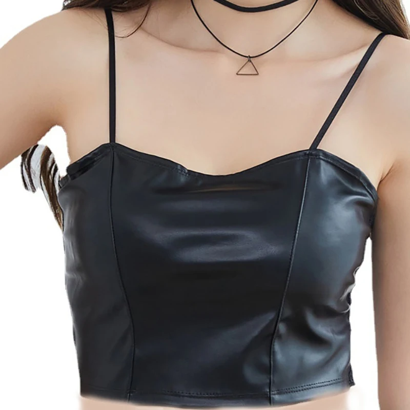 Women Faux Leather Camisole With Shelf Padded Bra Sexy Shirred Lace Backless Spaghetti Strap Crop Tube Top Slim Bralette