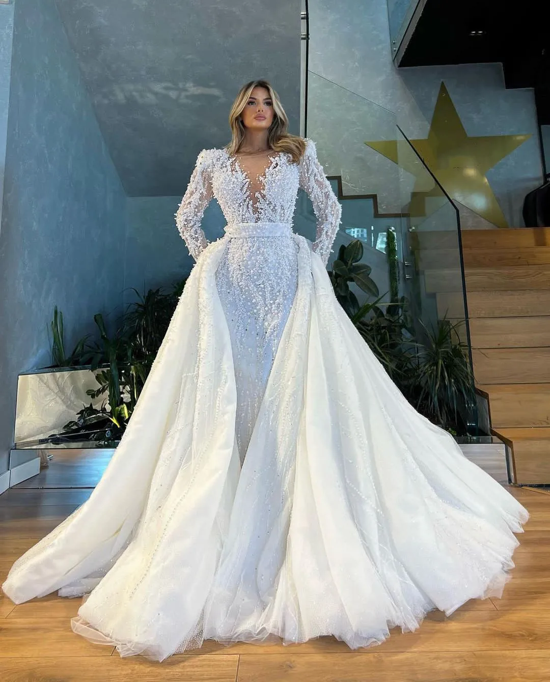 Vestidos De Novia De lujo De manga larga, cuello en V, encaje, perlas, lentejuelas, apliques, cuentas, tren desmontable, vestidos De Novia