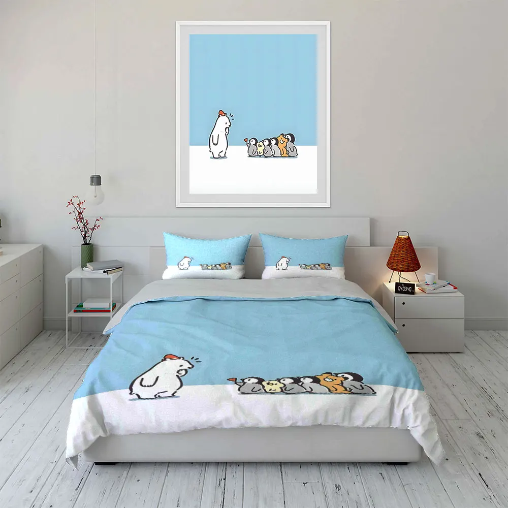 Fun Cartoon Polar Bear and Penguins Duvet Cover Set with 3D Printing Design Soft Polyester Bedding Set All-Season Comfort