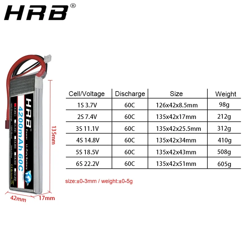 HRB 4200mah Lipo Battery 14.8V T Deans 7.4V 11.1V 18.5V 22.2V 2S 3S 4S 5S 6S XT60 RC Quadcopter FPV Airplane Drone Car Parts 60C