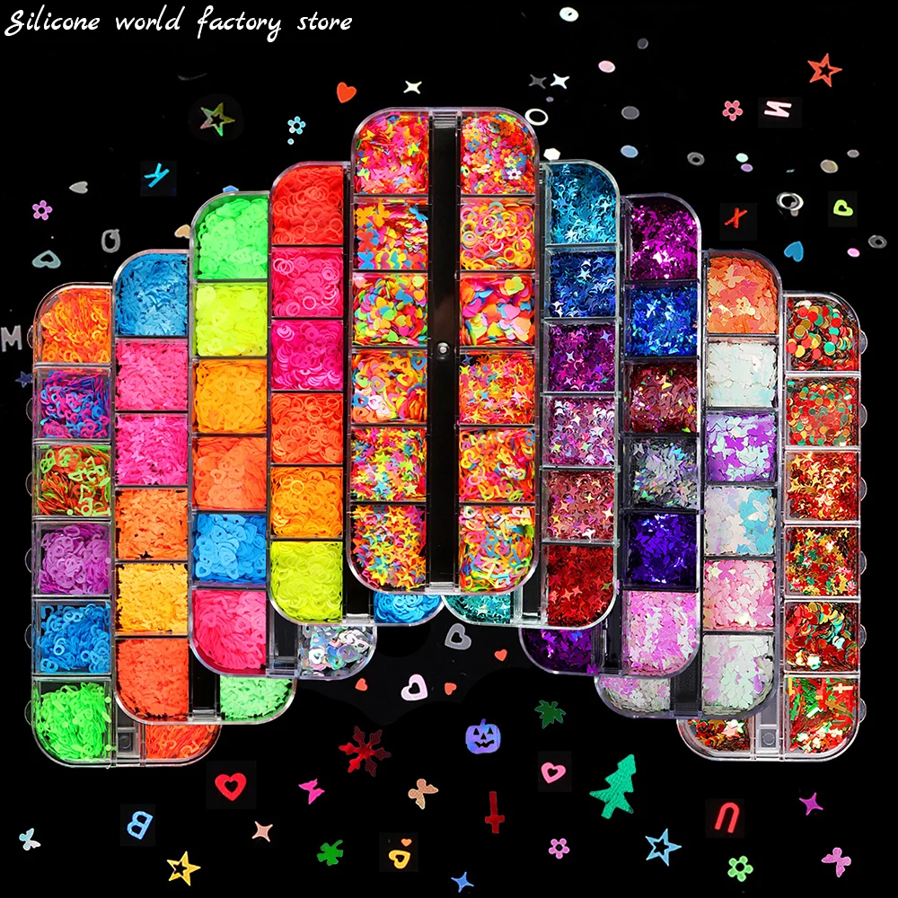 Silicone world 12 Grid Glitter Flakes Sequins Letter Sequins for Epoxy Resin Mold Clay Slime Filler Making Jewelry Gift DIY