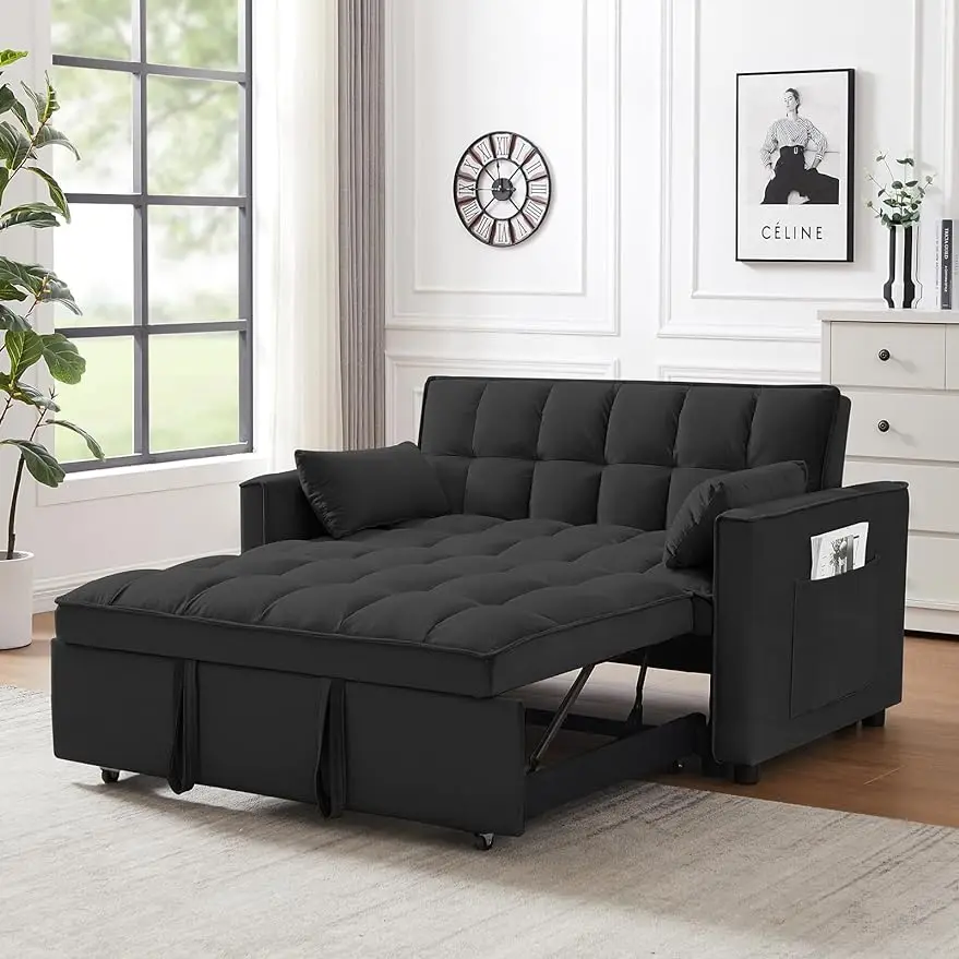 

Velvet Pull Out Sleeper Sofa Bed, Convertible Futon Couch Bed with Adjustable Backrests, 3 in 1 Modern Loveseat with 2 Pockets