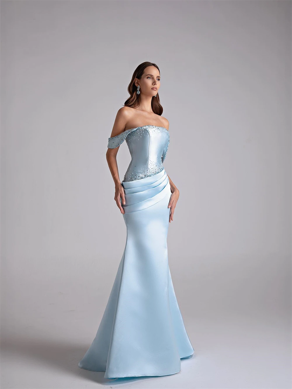 

Customized Mermaid Elegant Blue Satin Celebrity Gowns Charming Off the Shoulder Evening Dress Sexy Special Occasion Gowns