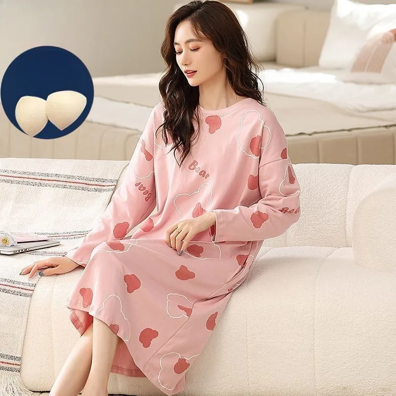 

Women with Breast Pad Spring Autumn Nightdress Pure Cotton Loose Pajamas 2024 New Mid-length Nightgown Crew neck Printed Pyjamas