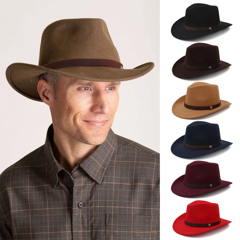 Men Women Wool Blend Western Cowboy Hats Wide Brim Sunhats Party Travel Sombrero Outdoor Caps Classical Retro Adjustable Size