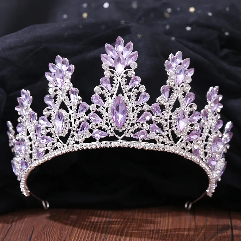 Silver Color Purple Crystal Crowns Bridal Tiaras Fashion Queen Rhinestone Diadem Headpiece Wedding Hair Jewelry Accessories Gift