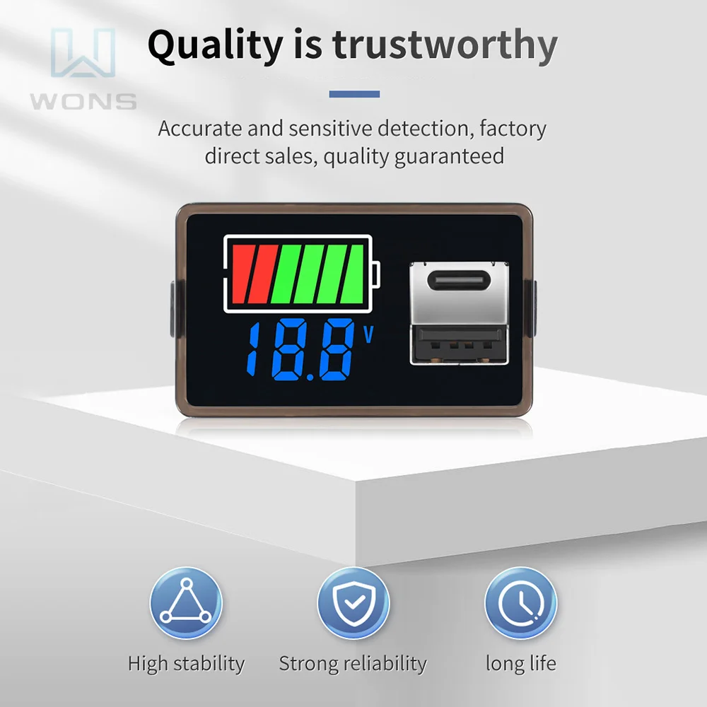 DC 8-30V Digital Voltmeter USB+Type C Dual-interface Lithium Battery Capacity Display Meter Battery Tester LED Display Voltmeter