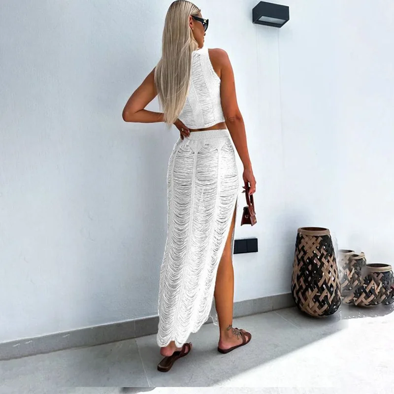 Women Knitted Dress Summer Casual Sleeveless Party Dress 2024 Swimsuit Slit Sexy 2PCS Crop Top and Skirt Hollow Long Dress