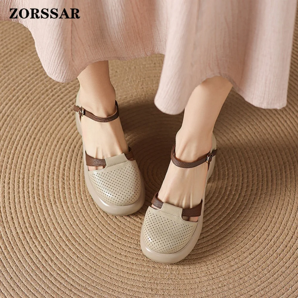 New Summer Women Platform Mary Jane Sandals Chunky Heel Ankle Strap Closed Toe Breathable Hollow Out Leather Shoe for Ladies