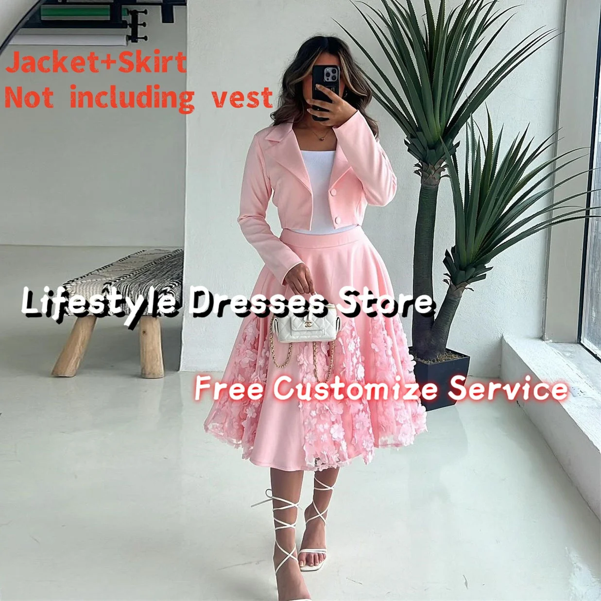 3D Floral Customized Pink Coat Prom Dresses Knee-Length Long Sleeves Skirt Birthday Dresses Formal Party Gown