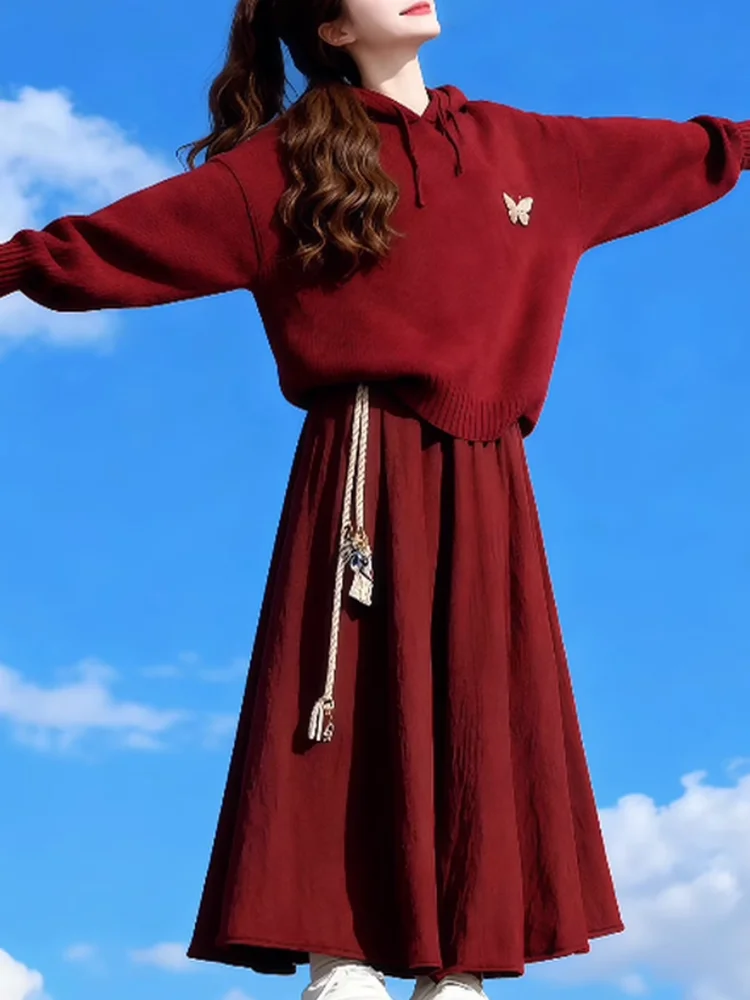 

Осень-зима, красная вязаная шапка, женский модный комплект с широкими брюками, костюм из двух предметов, повседневный костюм с высокой талией и узлом