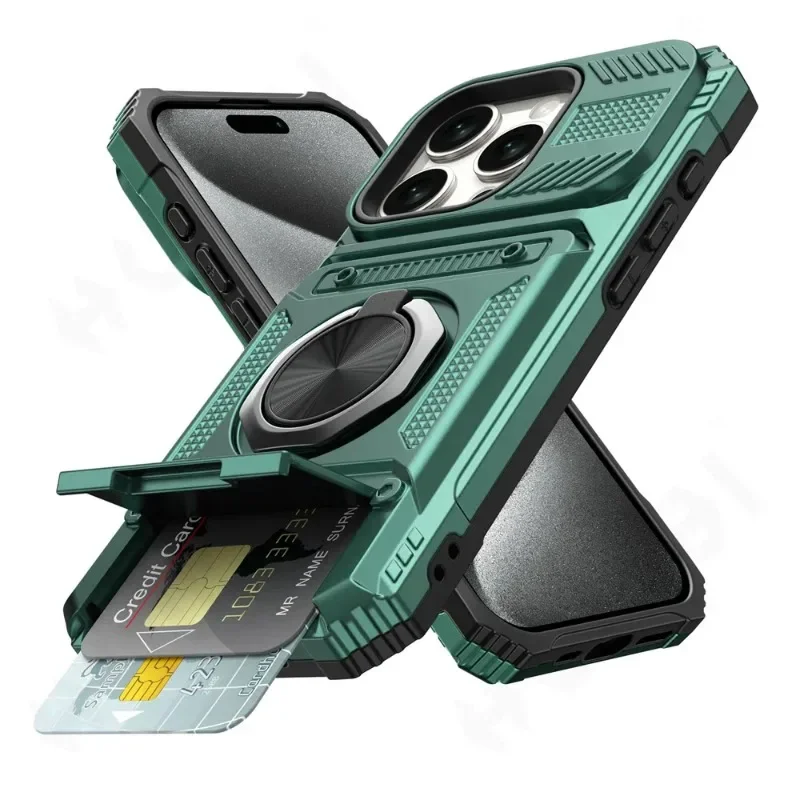 Militaire kwaliteit hoesje voor iPhone 11 13 14 15 16 Pro Max met magnetische draaibare ringstandaard, heavy-duty valbescherming en portemonnee-functie