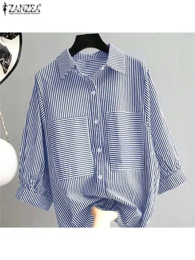 Women Summer 3/4 Sleeve Striped Shirt ZANZEA Elegant Work Blouse Lapel Neck Buttons Down Blusas Casual Holiday Tops Oversize