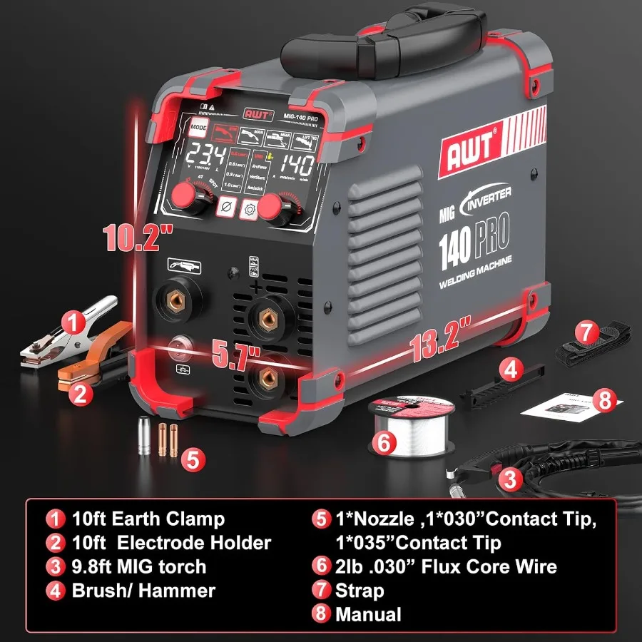 Portable 110V 140Amp MIG Welder with Digital Display and Synergy IGBT Inverter for Flux Core Stick and Lift TIG Welding 3-in-1