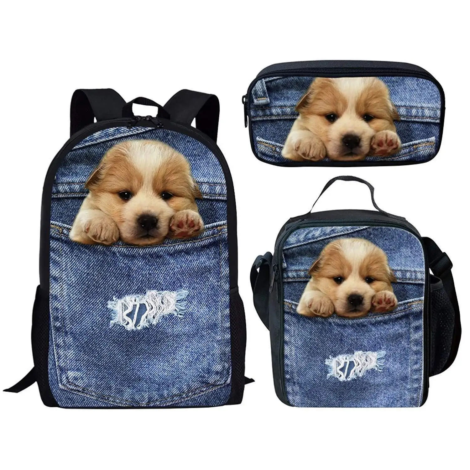 Cartoon Novelty Cool Denim Pocket Cat/Dog 3D Print 3pcs/Set pupil School Bags Laptop Daypack Backpack Lunch bag Pencil Case