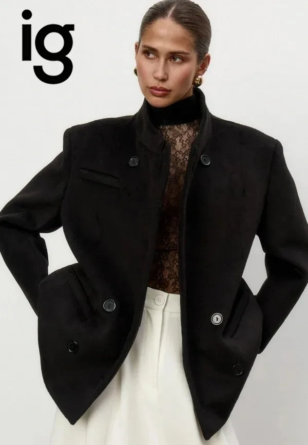 Women Black Stand Collar Double Breasted Mid-Length Wool Blend Blazer Shoulder Pads Flap Pockets Winter Elegant Office Outerwear