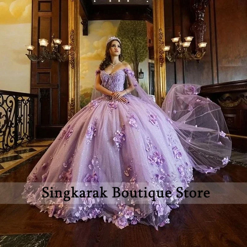 Lavanda-vestidos De quinceañera con flores en 3D, Vestido De princesa con cuentas De cristal, capa extraíble, dulce 16, con cordones De 15 Años, 2024