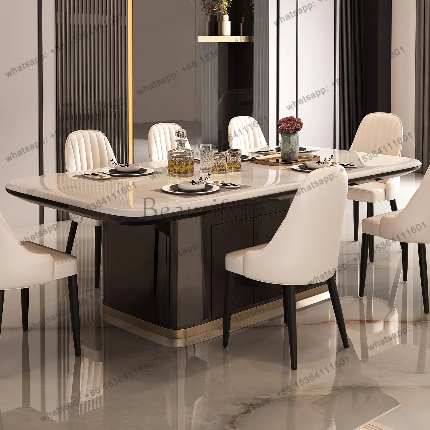 YJ modern dining table large apartment living room high-end sense solid wood storage microcrystalline stone dining table