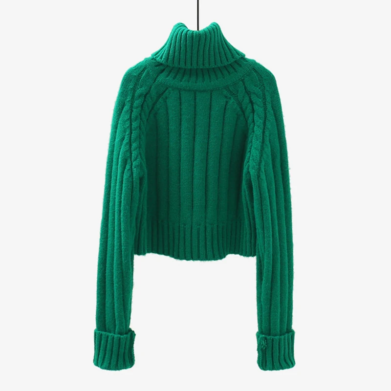 Green Cropped Sweater Winter Turtleneck Bottoming Pullover Tops Casual Long Sleeve Knitted Warm Jumper Korean Soft Sueters New