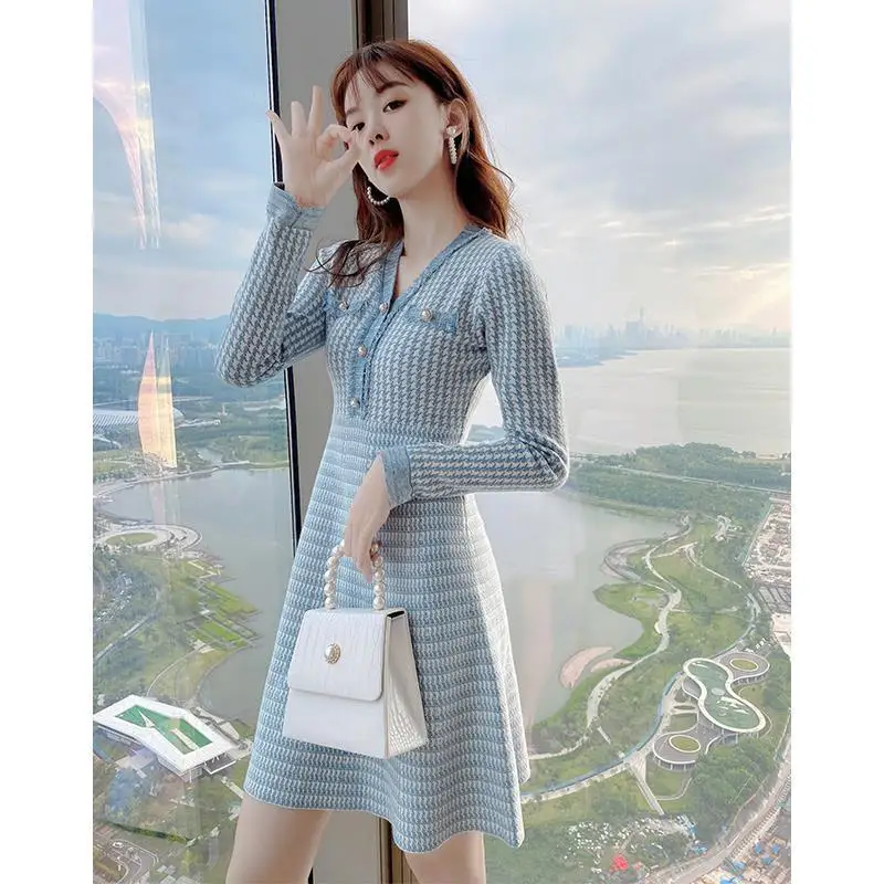 Women's Autumn Winter Blue V-Neck Knit Mini Dress 2024 New Lady Graceful Slim Bottoming Sweater Dresses Basic Knitwear Female