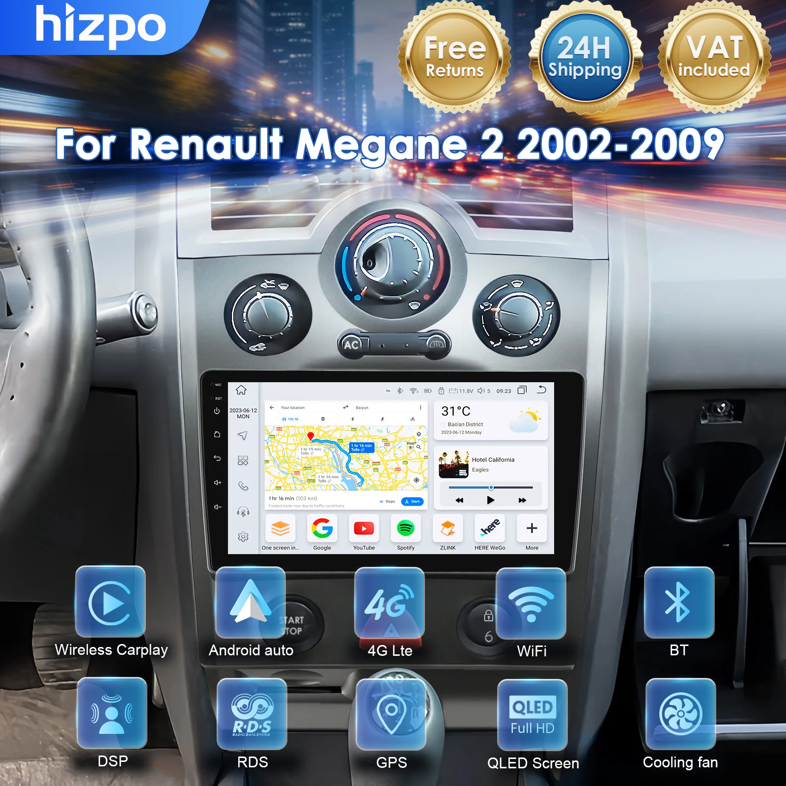 Autoradio Hizpo AI Carplay Android 14 per Renault Megane 2 2002-2009, Navigazione Multimediale, CarPlay Wireless, 8+128G, FM, SWC, GPS, 4G, Telecamera 360°