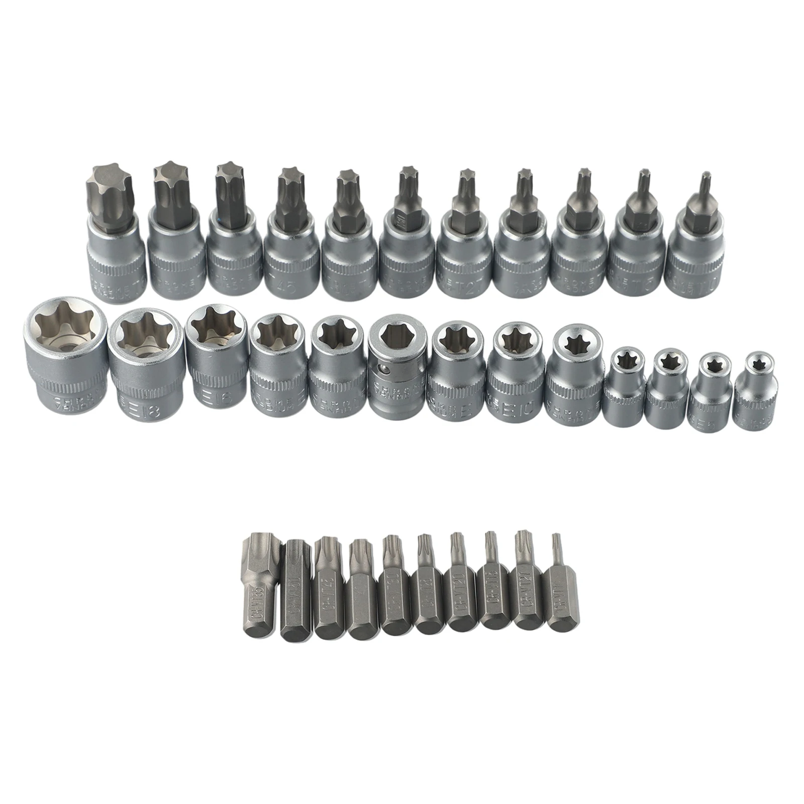 34 pçs torx estrela soquetes & bit conjunto masculino/feminino e-security bits ferramenta de acionamento torque mão kit de reparo ferramenta 3/8 1/4 5/16