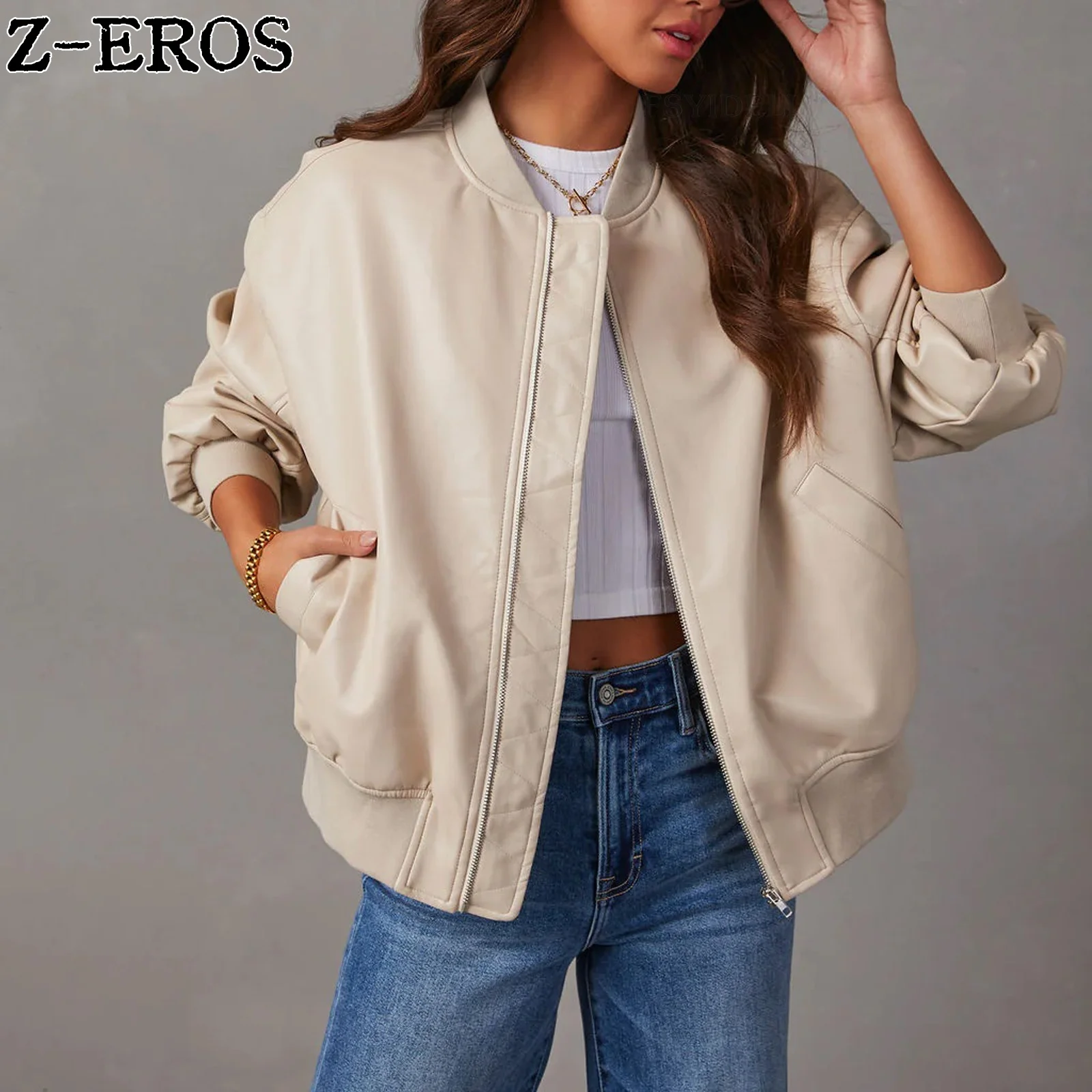 Z-EROS Pu Leather Jacket Solid Color Women\'s Long Sleeved Zipper Loose Autumn Fashion Versatile Street Women\'s Short Coat Pocket