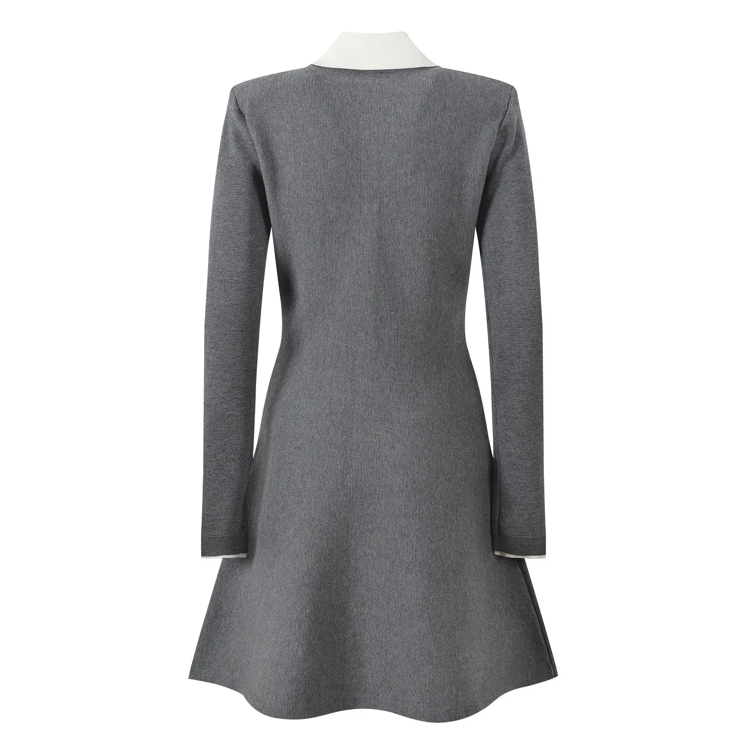 فستان LEOSOXS للنساء باللون الرمادي مع ياقة بيضاء وزر أمامي وأكمام طويلة وتنورة واسعة وديكور زهري لشبه رسمي جديد 2025