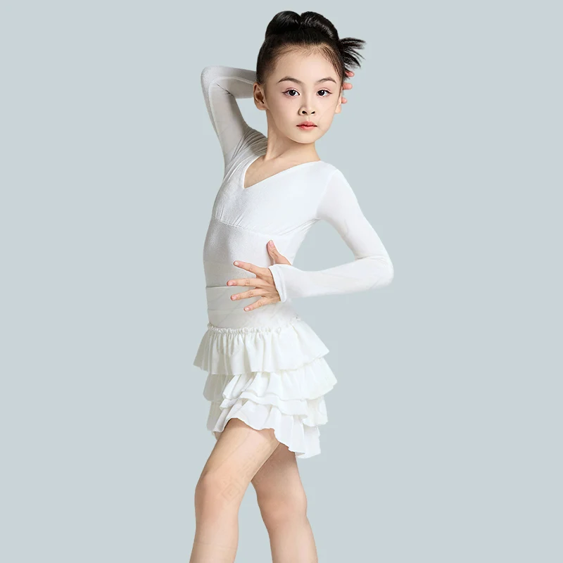 الأبيض اللاتينية ملابس الرقص الأطفال أداء الرقص دعوى طويلة الأكمام يوتار كعكة تنورة طفل تشا تشا رومبا ممارسة مجموعة VDL4695