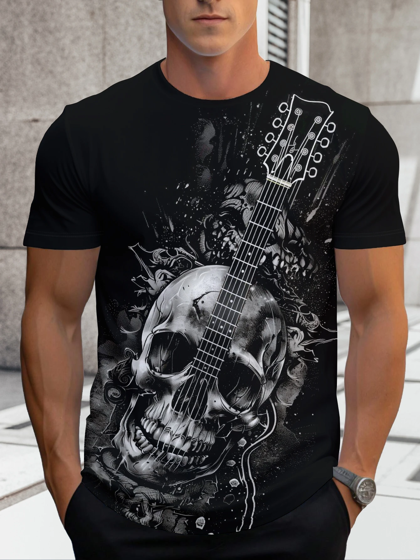 Halloween Gothic Skull Rose Guitar Graphic Print T-Shirt Men Women Streetwear Short Sleeve Vintage Tattoo Casual Tops