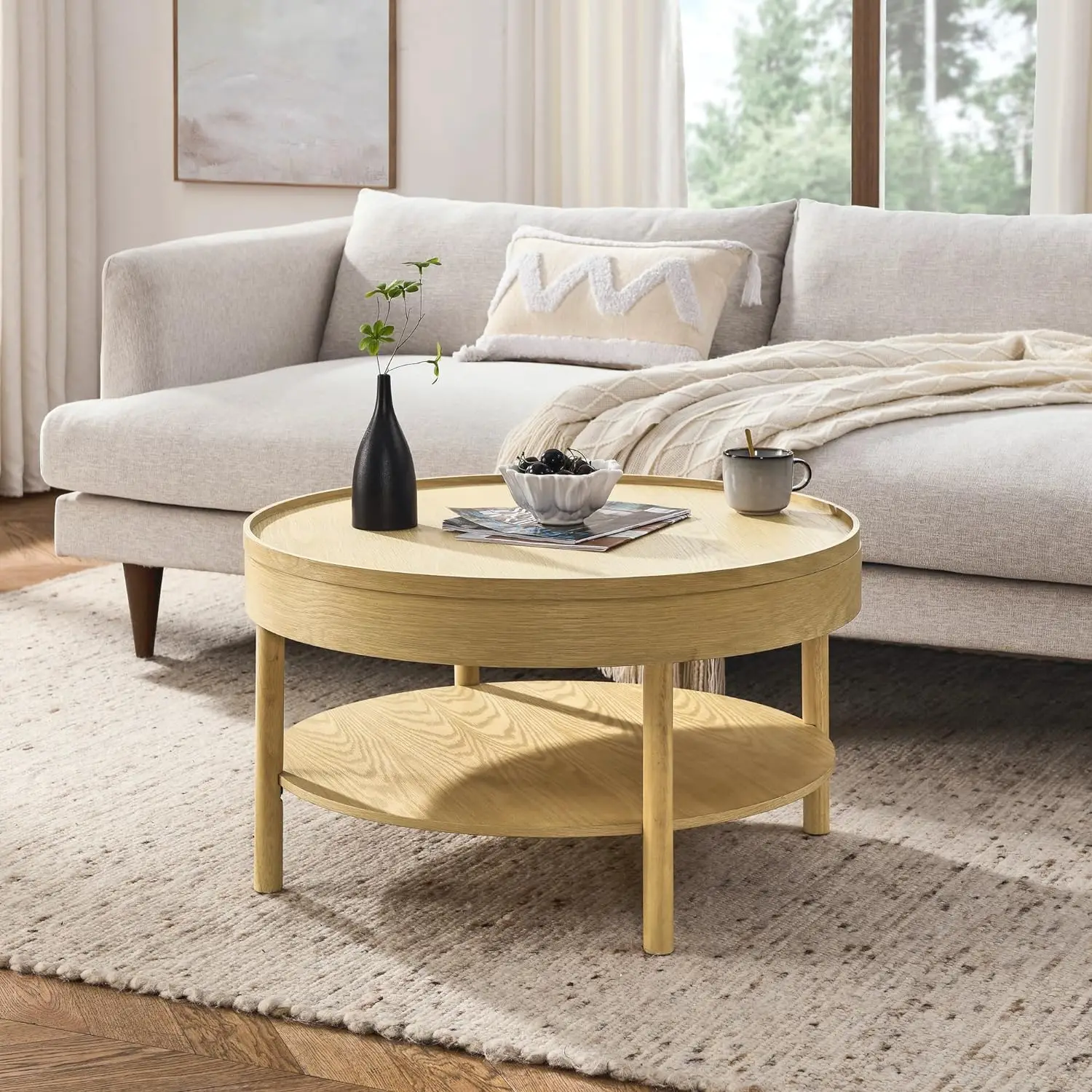 

Niccae Circular Coffee Table, Modern Living Room Table with 3-Layer 31.5 Inch Storage Rotating Tabletop, 3-Layer Tea Table Made